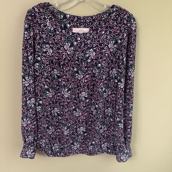 LOFT Womens Top Sz Blouse Purple‎ Floral Long Sleeve Boho Peasant Cottagecore - Picture 4 of 9